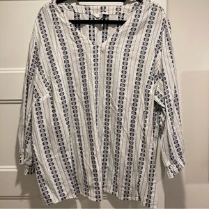 V-Neck Navy & White Cotton Blend Tunic Top